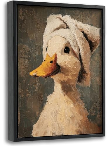 Funny Duck Bathroom Wall Art, Cute Duck with Towel Framed Canvas Wall Decor, Vintage Oil Painting Style Print for Bathroom, Restroom, Toilet, 8x10 Inch - color: Duck, size: 10"L x 8"W