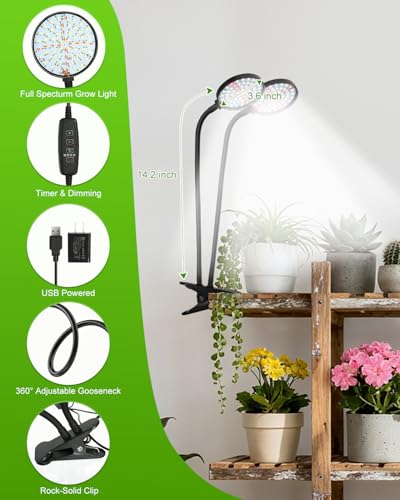 Grow Lights for Indoor Plants Full Spectrum, Clip On Plant Light with Timer 4/8/12/18H, Adjustable Gooseneck, 5 Dimming Levels, LED Grow Lamp for Houseplants - size: 3.6-inch Dual Head