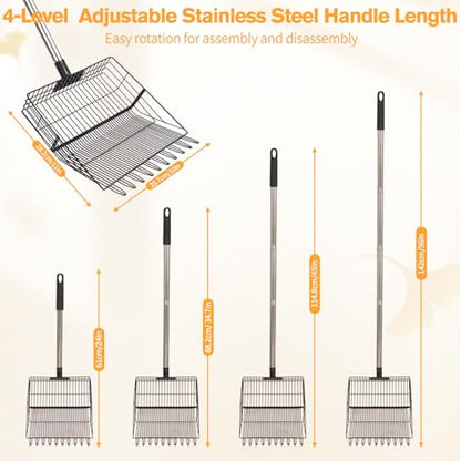 Reptilux Chicken Poop Scooper Adjustable Long Handle - Stainless Steel Sifter Shovel for Sand & Hemp Bedding - Metal Coop Scoop Rake - Chicken Accessories for Poultry, Dog & Cat Litter