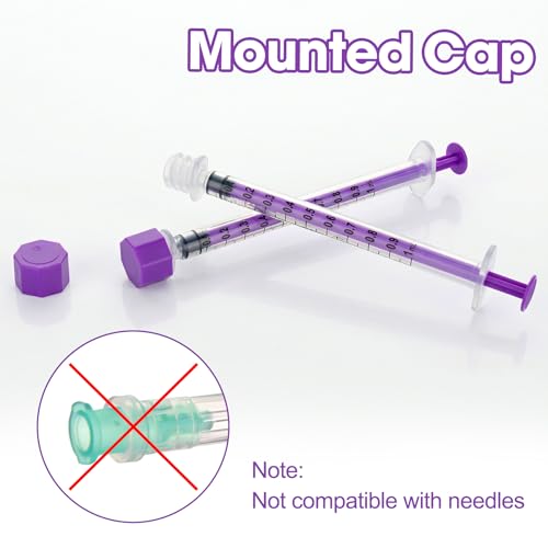 1ml/cc Syringes with Cap - Plastic Syringe for Liquid, Feeding, Pack of 50 | Purple , Individually Wrapped - size: 1ml syringe with cap