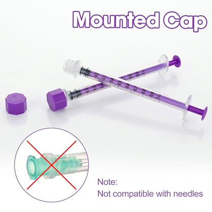 1ml/cc Syringes with Cap - Plastic Syringe for Liquid, Feeding, Pack of 50 | Purple , Individually Wrapped - size: 1ml syringe with cap