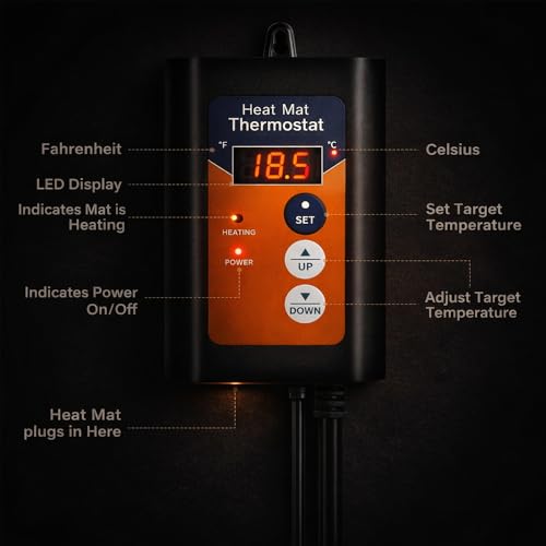 Heat Mat Thermostat | Digital Thermostat Controller for Seed Germination, Reptiles, Brewing, Incubation and Greenhouse Heating, 40–108°F, 8.3A 1000W