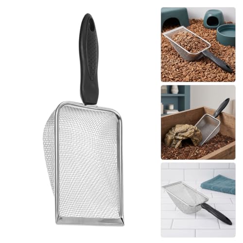 SUPVOX 2pcs Stainless Steel Reptile Sand Substrate Scoop with Antislip Handle and Stainless Steel Mesh for Terrarium and Turtle Tank Cleaning, Smooth Rounded Edges and Arc Shape