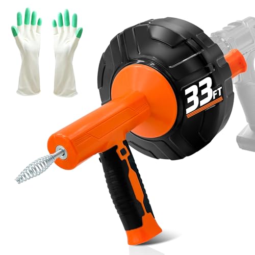 Drainsoon Auto Feed Drain Auger with Drill Adapter, 33 Feet Drain Snake Hair Clog Remover, Manual or Powered Plumbing Snake Drain Cleaner for Bathroom, Shower, Kitchen Sink, Comes with Gloves - color: Orange