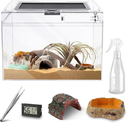 HELIME Reptile Tank 5 Piece Starter Kit with Escape Proof Locking Lid Small | All in One Hermit Crab Terrarium,PC Tarantula Enclosure Frog Habitat,Stackable Cage with Hygrometer,Hide,Tweezer,Bowl,Sprayer - size: Small(12x7x9IN)