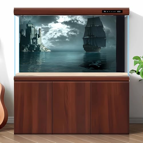 Pirate Ship Aquarium Background Night Gothic Castle Scenery Fish Tank Background Cloudy Vintage Black Pirate Ship Futuristic Ocean Night Landscape Terrarium Backgrounds for Home Tank Decors 24x12in - color: Grey_Blue, size: 24(W)x12(H)inches/ 60(W)*30cm(H