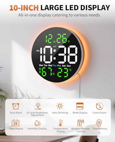 10 Inch Large Digital Wall Clock with 9 Color Changing Remote Control, Date Week Temperature, Auto Brightness Dimmer Big Clock with Night Lights,Green - color: Green