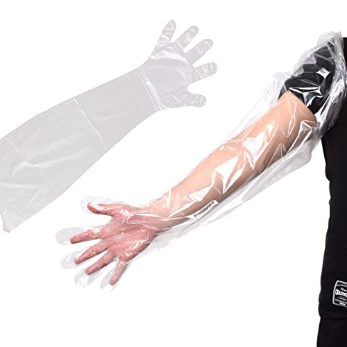Anxingo 50Pcs Disposable Plastic Veterinary Insemination Rectal Long Arm Gloves for Field Dressing Gutting 35 inch Length - color: Transparent