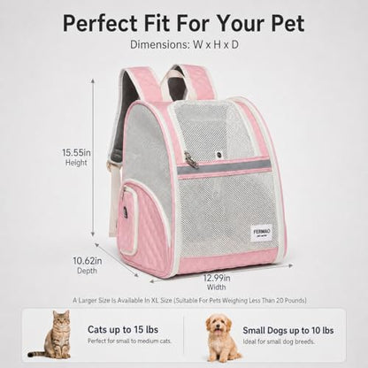 Cat Backpack Carrier for Small Dogs and Medium cat Puppy Kitten Bunny Pet Carrier Backpack Collapsible with Fully Ventilated Mesh with Safety Leash (Pink, 12.9" L x 10.62" W x 15.5" H - M) - color: Pink, size: Medium