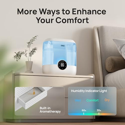 DREO 6L Humidifiers for Bedroom, 60H Runtime, 28 dB Quiet, HM524, Blue | Precise Humidity Control, Easy to Refill & Clean, Nightlight, Cool Mist Humidifiers for Large Rooms, Baby Nurseries & Plants | Precise Humidity Control, Easy to Refill & Clean, Night