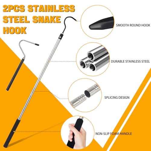 2pcs Snake Hook Set, Heavy Duty Snake Catcher Stainless Steel Snake Handling Tool for Moving Ball Rattlesnakes Python Copperhead with Long Handle (65inch&26inch) - size: 65inch&26inch