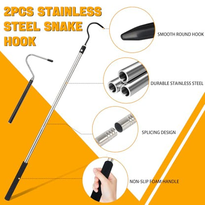 2pcs Snake Hook Set, Heavy Duty Snake Catcher Stainless Steel Snake Handling Tool for Moving Ball Rattlesnakes Python Copperhead with Long Handle (65inch&26inch) - size: 65inch&26inch