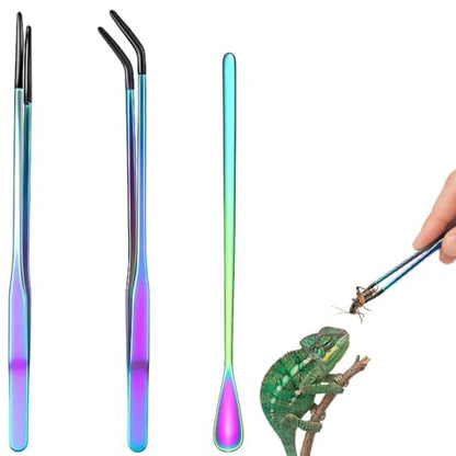 3 Pack Reptile Feeding Tongs,Stainless Steel Feeding Tongs, Aquarium Tweezers with 10.6" Straight, Curved and Spoon Tips for Easy Feeding