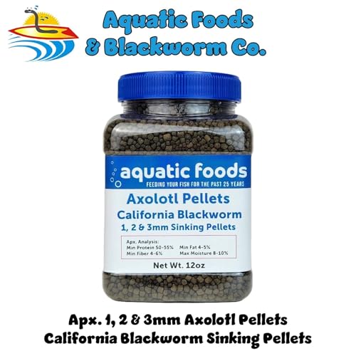 Axolotl Blackworm Pellets. 1mm, 2mm, 3mm Size Mix of Sinking California Blackworm Micro Pellets for All Axolotl, Frogs, Shrimp, Salamanders, Newts, Snails…12oz Jar - size: 12 Ounce (Pack of 1)