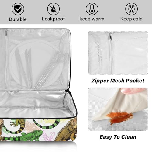 Reptiles White Insulated Casserole Carrier Print Food Carriers with Dish Storage Leakproof Thermal Lunch Tote for Camping Traveling Hiking