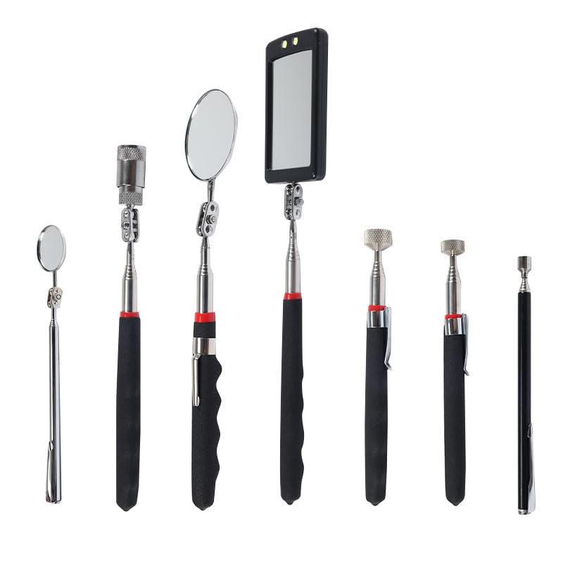 7 Pack Telescoping Magnetic Pickup Tool Set | 3Pcs Round and Square Inspection Mirror Telescoping with LED Lights, 4Pcs Magnet Stick Best Gadgets Gifts for Men - size: 7