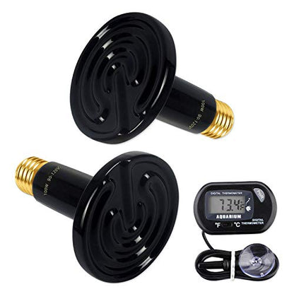 2-Pack 100W Ceramic Heat Lamps with 1-pcs Digital-Thermometer | Heater Emitter Bulbs, for Reptiles, Amphibians, Chicken Brooder Coop Lizard Turtle Snake, No Light No Harm