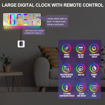 17.2 Inch Large Digital Wall Clock with Remote Control, Extra Large LED Display Wall Clock with Auto Dimming, Date Day Temperature, Countdown Timer, Alarm Clock for Gym Office Classroom (RGB) - color: Rgb