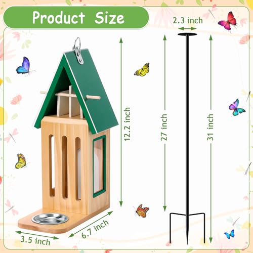 New Upgraded Butterfly House and Feeder for Outside Wooden Butterfly House | with Metal Stake for Garden Backyard, Natural Butterflies Habitat with Puddler on Floor or Hanging on Tree Wall