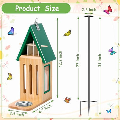 New Upgraded Butterfly House and Feeder for Outside Wooden Butterfly House | with Metal Stake for Garden Backyard, Natural Butterflies Habitat with Puddler on Floor or Hanging on Tree Wall