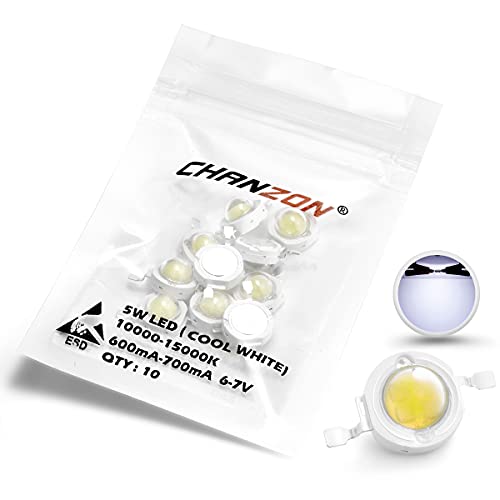 CHANZON 10 pcs High Power Led Chip 5W Cool White 10000K - 15000K | (600mA - 700mA / DC 6V - 7V / 5 Watt) Super Bright Intensity SMD COB Light Emitter Components Diode Bulb Beads DIY Lighting - color: D) Cool-white (10000k)