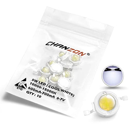 CHANZON 10 pcs High Power Led Chip 5W Cool White 10000K - 15000K | (600mA - 700mA / DC 6V - 7V / 5 Watt) Super Bright Intensity SMD COB Light Emitter Components Diode Bulb Beads DIY Lighting - color: D) Cool-white (10000k)