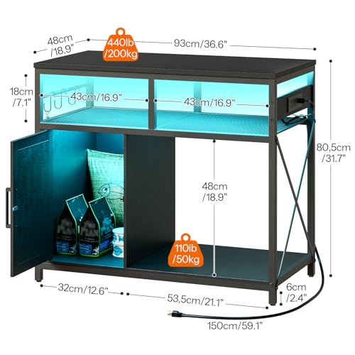 HOOBRO 40-50 Gallon Fish Tank Stand with Power Outlet and LED Light, Metal Frame Aquarium Stand with Cabinet Storage, for Reptile Turtle Tank, 440 LBS Capacity, 36.6'' L x 18.9'' W, Black BB93UDFT01