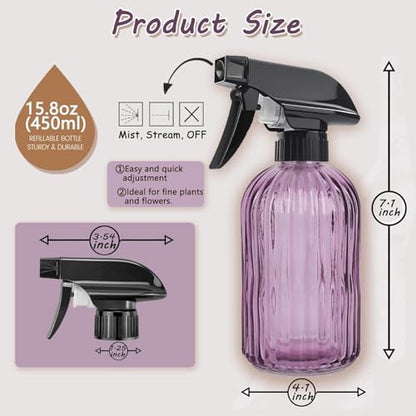 Glass Plant Mister Spray Bottle 15oz Purple Adjustable Nozzle for Gardening | 360° 3 spray modes, fine dew-like mist, thick glass, visible water level, 2pack mist sprayer for cleaning hair pets plants - color: Purple