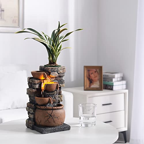 Indoor Fountain 4-Bowl Rockery Soothing Sound Tabletop Fountains Home/Office Decor with a Small Plastic Pot to Grow The Plant by Yourself(Automatic Watering)(23001)
