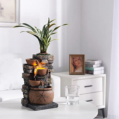 Indoor Fountain 4-Bowl Rockery Soothing Sound Tabletop Fountains Home/Office Decor with a Small Plastic Pot to Grow The Plant by Yourself(Automatic Watering)(23001)