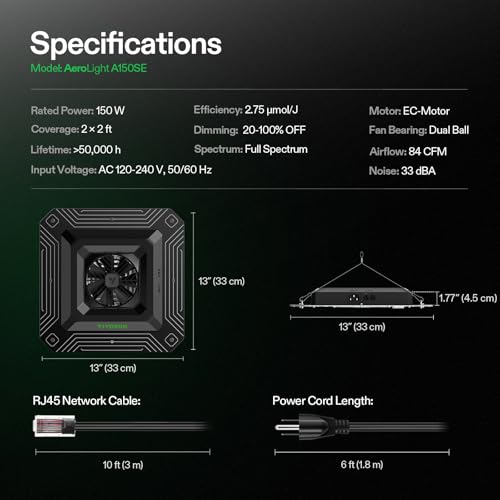 VIVOSUN AeroLight A150SE 150W LED Grow Light with Fan & Smart Control | App & GrowHub E42A/E25 compatible, covers 2x4/3x3 ft - size: 2.7x2.7