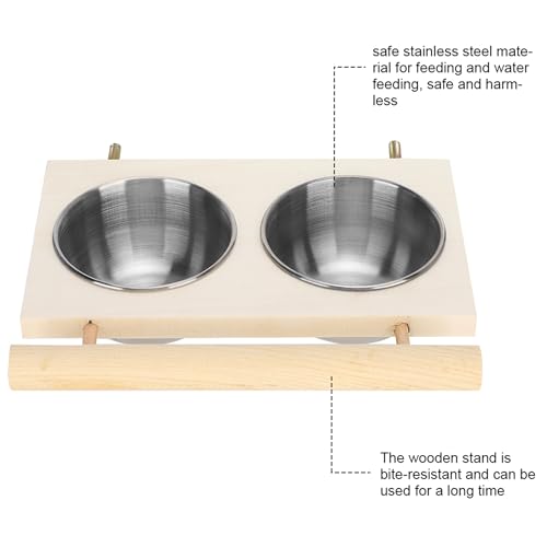 Bird Food Stainless Steel Cups, Parrots Feeding Dish Cups with Wooden Platform, Stainless Steel Food Water Feeder Cage Accessory with StandDouble Bowl