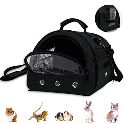 Guinea Pig Carrier with Water Bottle Holder & Washable Liner,Strap | Portable Small Animals Pouch Breathable Outdoor Travel Bag Transparent Window for Hamster,Gerbil, Bearded Dragon,Hedgehog - color: Black-Small
