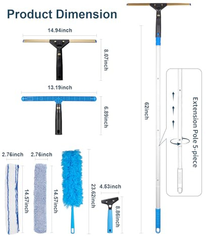 Window Cleaning Kit, Swivel Squeegee & Scrubber with Extension Poles, Foldable Bucket, Blendable Duster, 2 Scrubber Pads & Cleaning Cloth, Glass Scraper Cleaning Tool Kit for Window Glass Mirror Car - color: Silver-13pcs