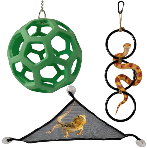 3 PCS Ball Python Tank Accessory, Snake Enrichment Toys, Jungle Gym Ball with Chain, 3 Climbing Rings, Triangle Mesh Hammock with Suction Cups, Complete Habitat Decor for Snakes & Reptiles