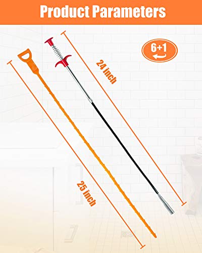 Hair Drain Clog Remover Tool – 6 × 25-Inch Sink Snake + 1 × 24-Inch Drain Cleaner Tool, Plumbing Snake for Shower, Toilet, Kitchen Sink & Tub – 7-Piece Hair Removal Tool Set