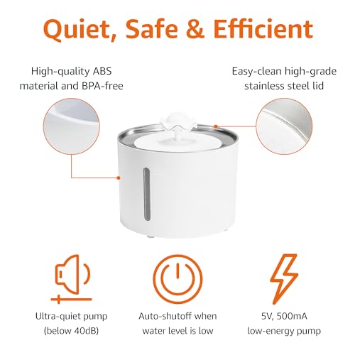 Amazon Basics Large Capacity Pet Water Fountain with Stainless Steel Top, Ultra Quiet, Easy to Clean, BPA Free, 3L, White, 3 Filters Included (Pack of 8) - size: 0.8 gal (Pack of 8), style: Water Fountain