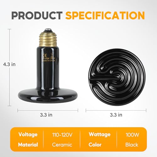HealSmart 100W Reptile Heat Lamp Ceramic Heat Emitter, No Light Emitting Heat Bulbs, Suitable for Snake/Lizard/Spider, Plant Growth and Incubating Chicken, 2-Pack - color: 2 Pcs (Black), size: 100 Watts New