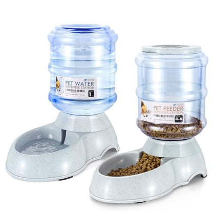 Flexzion Automatic Pet Feeder & Waterer Set of 2 Pack, Self Feeding Replenish Dog Cat Bowls, Gravity Food & Water Storage Container Fountain Jug Pet Supplies Plastic Skid Proof Rubber Feet (1 Gallon) | Self-Replenishing Dry Food Station with Non-Skid Feet