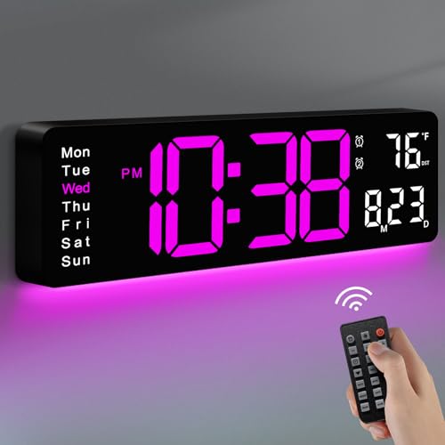 MASHI 16" Easy-Read Large Digital Wall Clock,9-Color Night Light,Auto-DST | remote control,10 dimming levels,large display for time,dateand temp,Ideal plug-in wall clock for living room and seniors - color: Rose Red