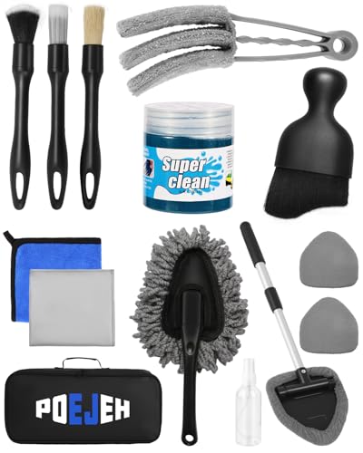 15PCS Interior Cleaning Kit, Boar Brush,160g Gel, Swivel Glass Tool | Scratch‑free vent duster microfiber pads waterproof bag, car & home dual use, practical holiday gift for car lovers