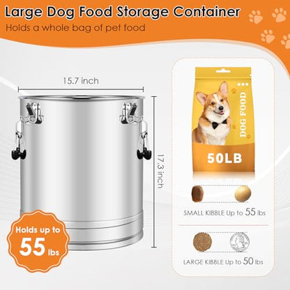 Stainless Steel Dog Food Storage Container,50LB/55LB Airtight Dog Food Storage Container with Lid to Keep Fresh,Easy Clean Large Pet Food Storage Container with Scoop for Cat Food,Chicken Feed,Rice - size: 50 LBS
