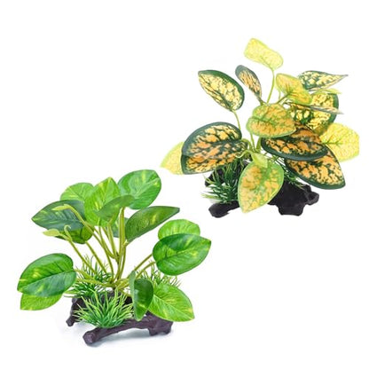 2PCS Reptile Artificial Plants, Terrarium Plants Decorations Supplies, Amphibian Habitat Hideout Tank Accessories(Green+ Yellow)