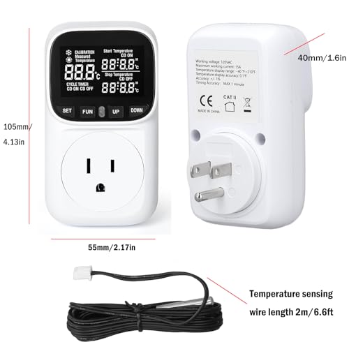 Digital Thermostat Socket, Only Fahrenheit Countdown | Temperature Controller VA Display Heating Cooling Mode Timer with Sensor for Reptile Greenhouse Fermentation Home, -40℉~210℉