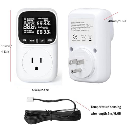Digital Thermostat Socket, Only Fahrenheit Countdown | Temperature Controller VA Display Heating Cooling Mode Timer with Sensor for Reptile Greenhouse Fermentation Home, -40℉~210℉