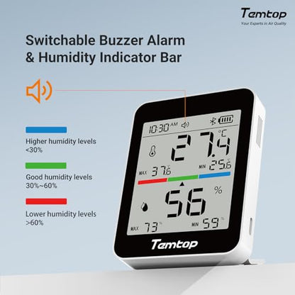 Temtop T1 Bluetooth Indoor Thermometer Hygrometer for Room Temperature | Humidity Notification Alerts, Data Export, Digital Gauge for Home, Office, Greenhouse, Garage, Nursery, Gift - size: Basic Edition