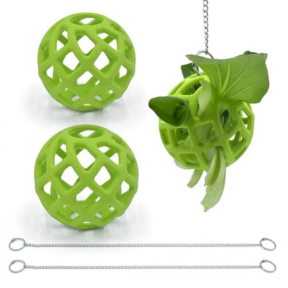 Feeder Ball with Chain for Rabbits Hamsters Turtles Reptile Enrichment Toy | 2 Pack, Durable Silicone Ball, Stainless Steel Chain, Foraging Toy, Hay Vegetable Holder, for Reptile Enclosure & Habitats