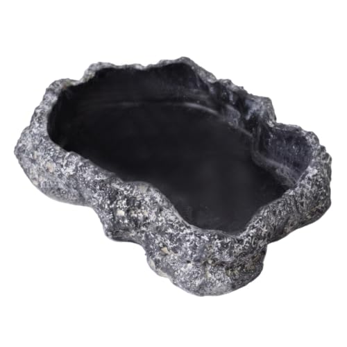 Reptile Water Dish with Natural Rock Texture, 600ml Tortoise Water Bowl for Amphibians & Reptiles, Black, 8.9x6.50x1.77 Inch, Snake Bowl - color: Black