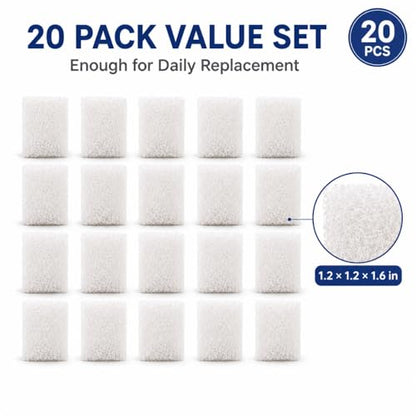 20 Pack Pet Water Fountain Replacement Filter Sponges, 1.2 x 1.2 x 1.6 in Foam Sponge Pads for Matching Reptile, Cat and Dog Fountain Models, Helps Trap Hair & Debris