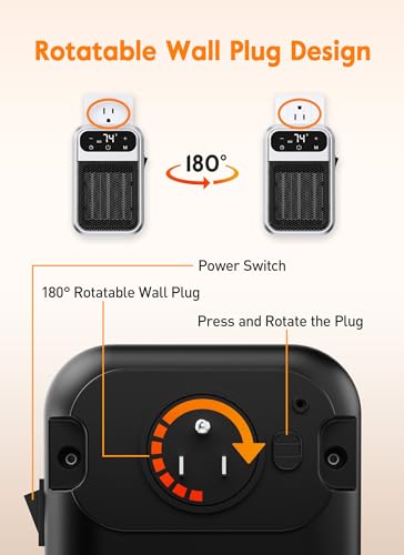 Givebest Cyber 800W Plug in Heater with ECO Mode Save Energy - Portable Outlet Space Heater, Small Electric Wall Heaters for Indoor Use with Adjustable Thermostat and 12H Timer for Bathroom Home